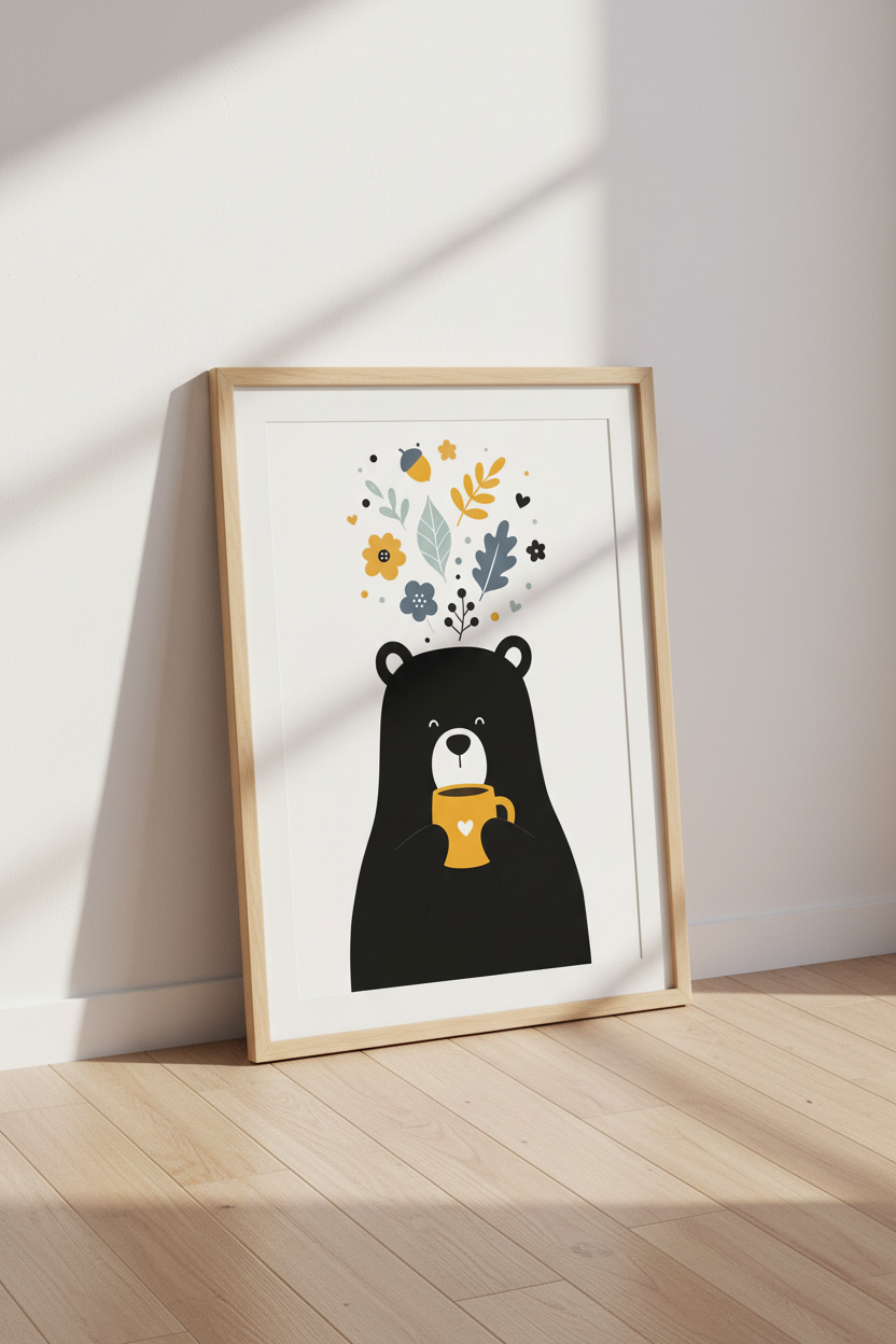 Cute Bear Wall Art | Playful Minimalist Black & Yellow, Living Room Decor
