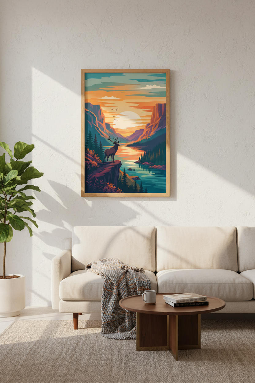 Mountain Elk Landscape Wall Art Print | Cabin Decor | Vibrant Sunset Poster