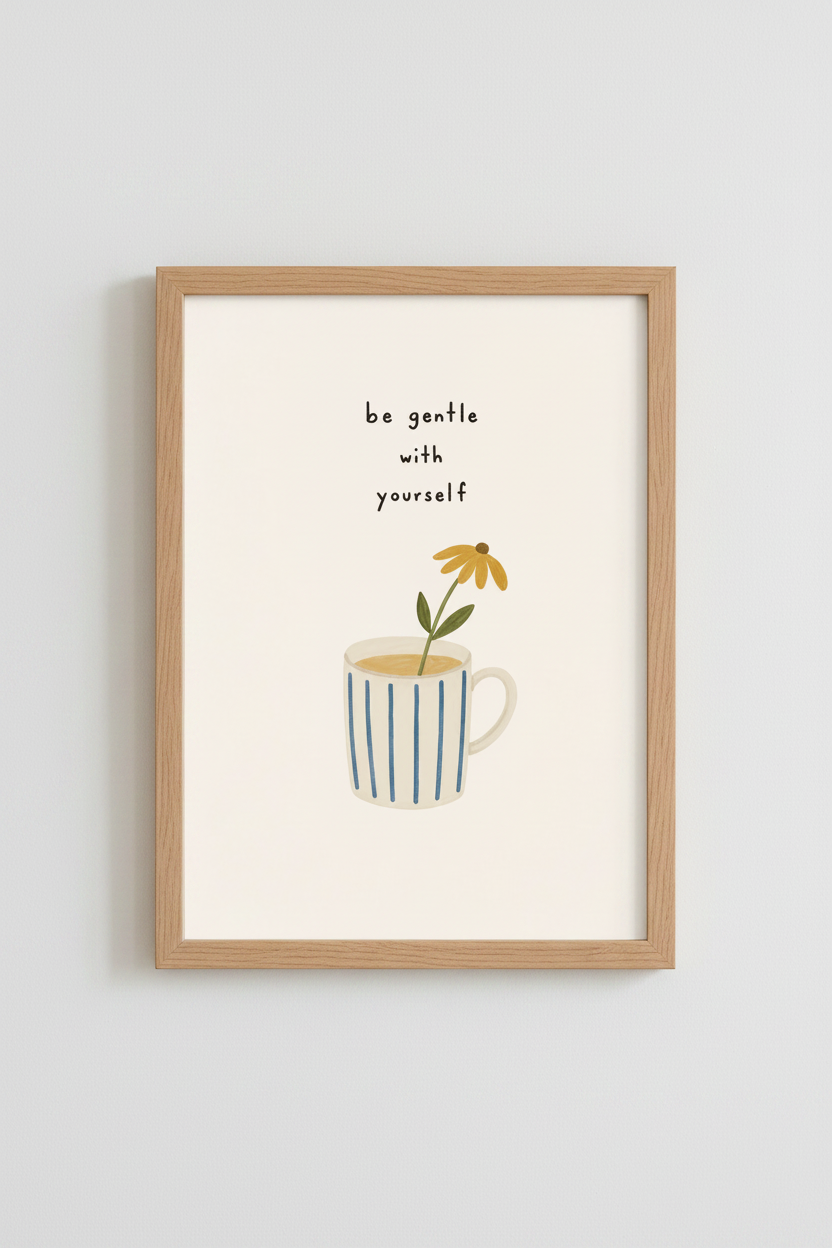 Be Gentle With Yourself Art | Minimalist Flower Mug Print, Mental Health Decor