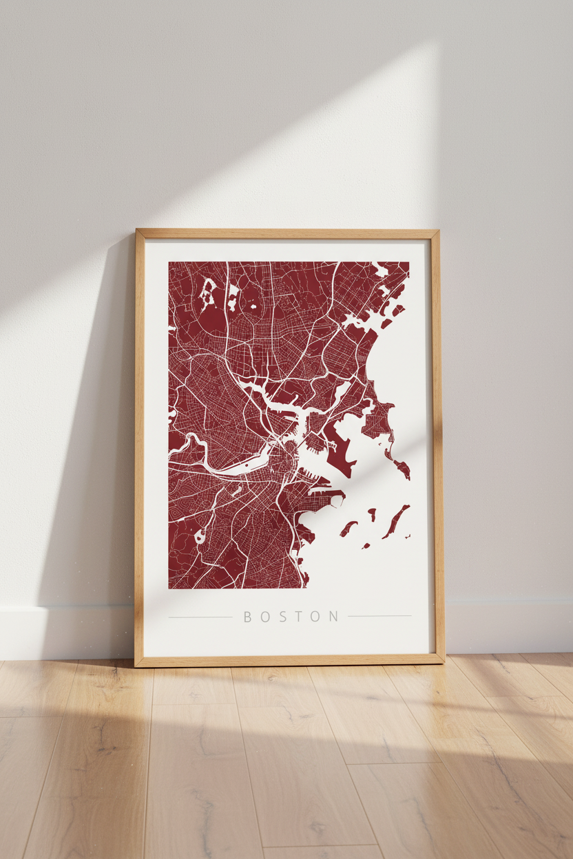 Boston City Map Wall Art | Minimalist Burgundy Poster | Office Decor