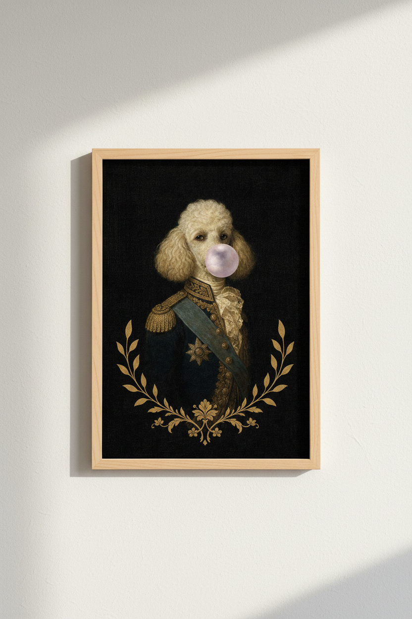 Funny Dog Wall Art Print | Poodle Military Portrait, Regal Pet Poster Decor