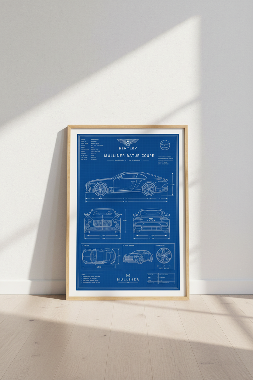 Bentley Batur Blueprint Wall Art | Automotive Blue Poster, Office Decor