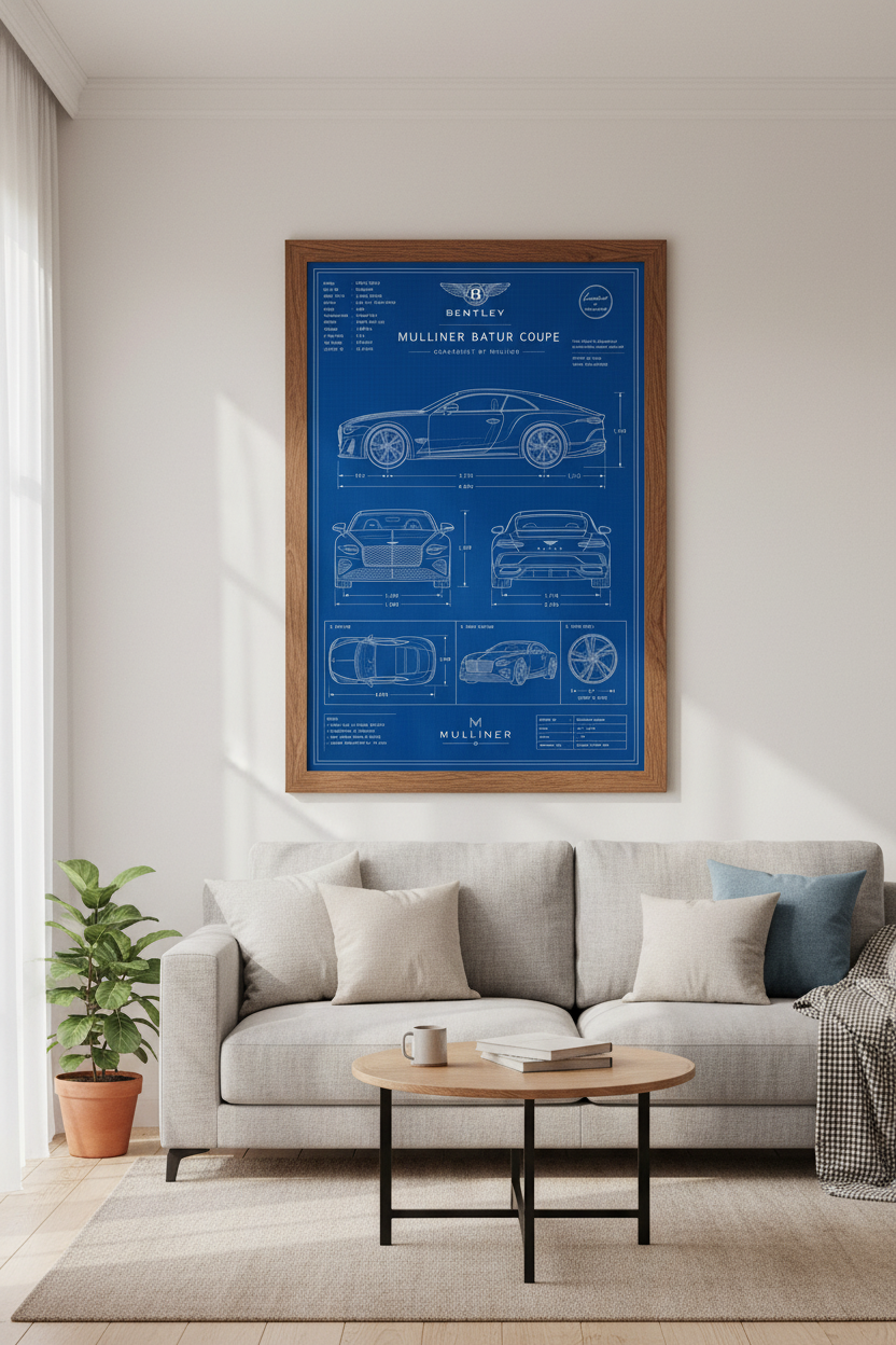 Bentley Batur Blueprint Wall Art | Automotive Blue Poster, Office Decor