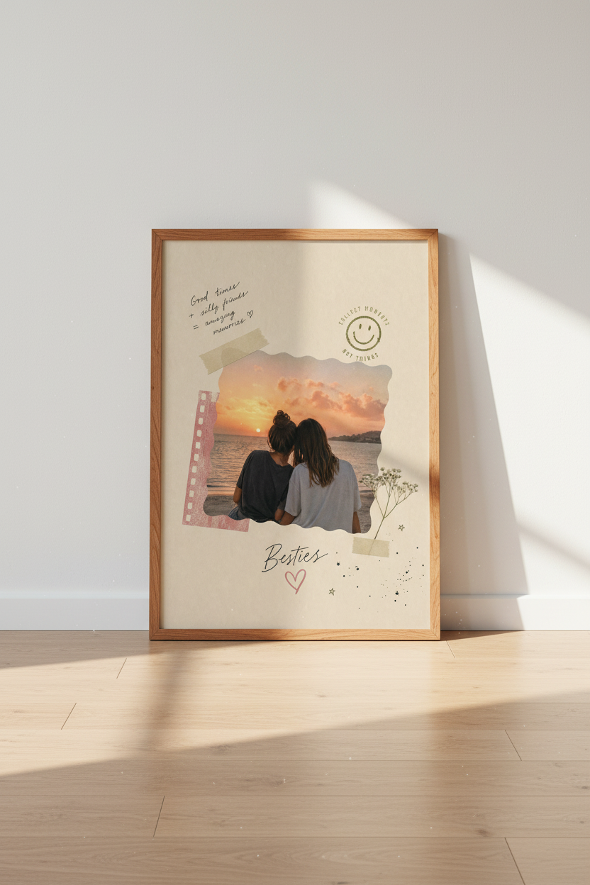 Friendship Sunset Scrapbook Wall Art | Beige Boho Decor | Aesthetic Bestie Gift Poster