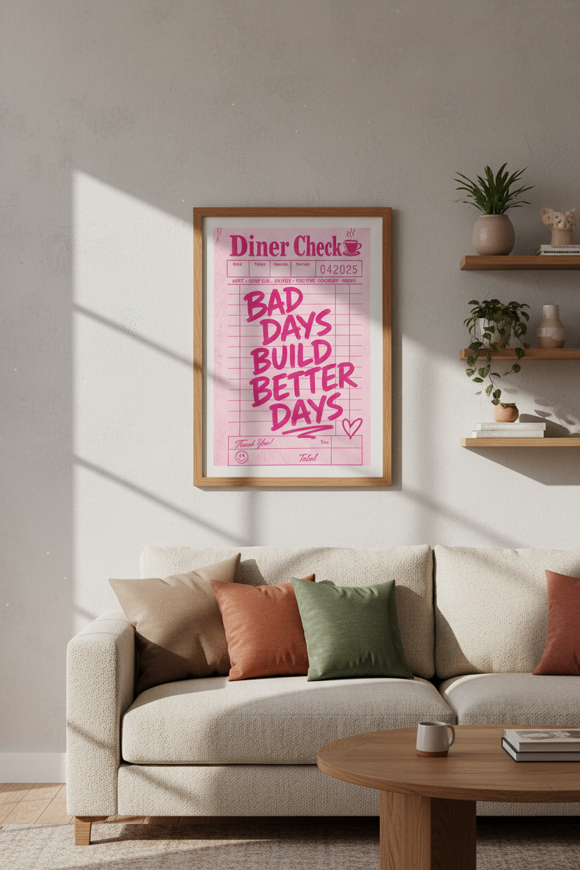 Pink Diner Check Wall Art Print | Retro Quote Poster, Trendy Pink Wall Decor