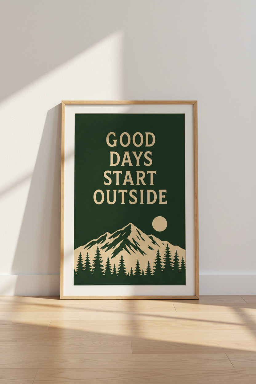 Good Days Start Outside Print | Retro Mountain Wall Art, Forest Green Decor