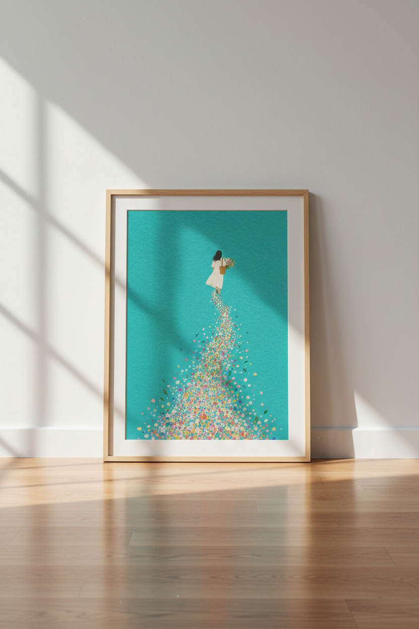Woman & Wildflowers Wall Art | Teal Minimalist Poster, Bedroom Decor