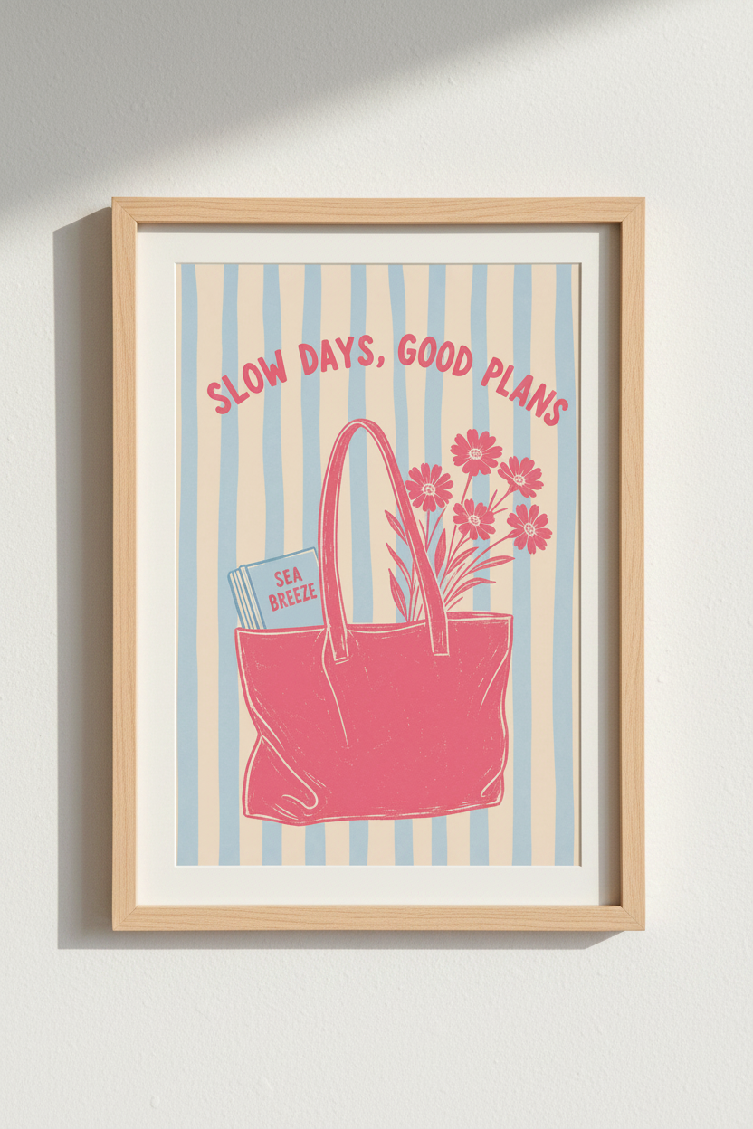 Pastel Aesthetic Art Print | Coastal Pink & Blue Tote Poster | Preppy Room Decor