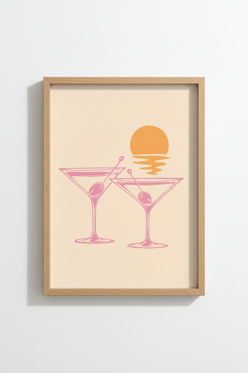 Martini Bar Wall Art Print | Pink Retro Cocktail Poster | Coastal Bar Cart Decor