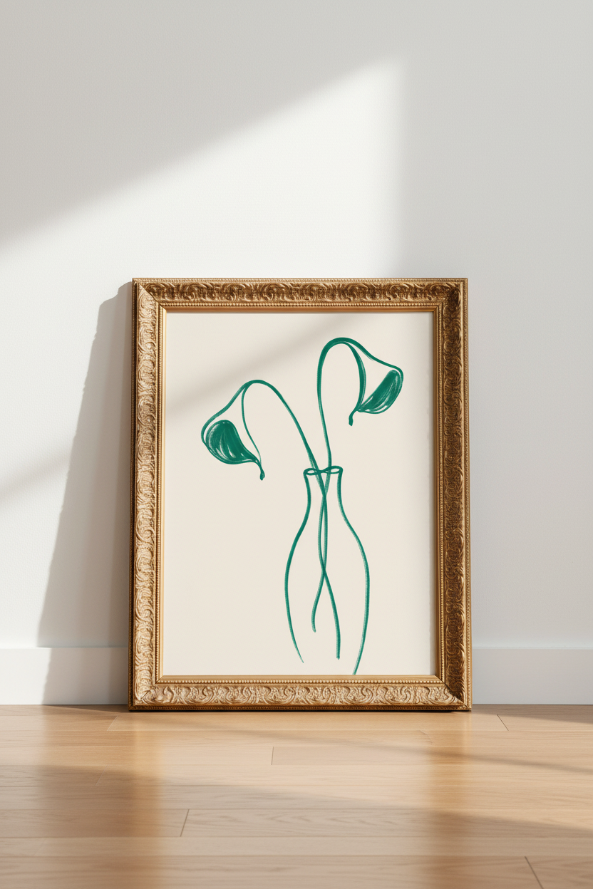 Green Line Art Print | Minimalist Vase, Living Room Decor | Contemporary Poster