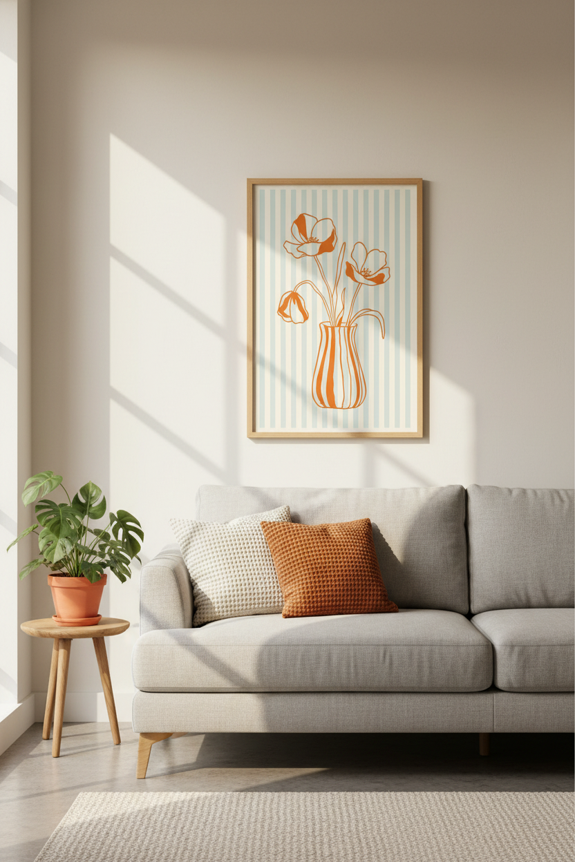 Danish Pastel Floral Print | Orange Flower Stripe Poster, Retro Boho Wall Art