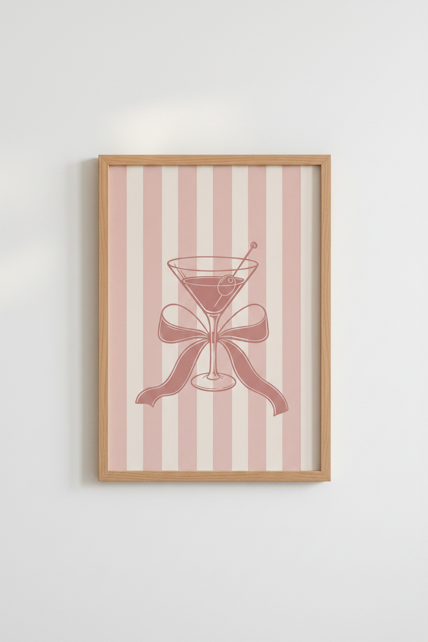 Pink Martini Coquette Wall Art | Bow Cocktail Poster, Kitchen & Bar Cart Decor