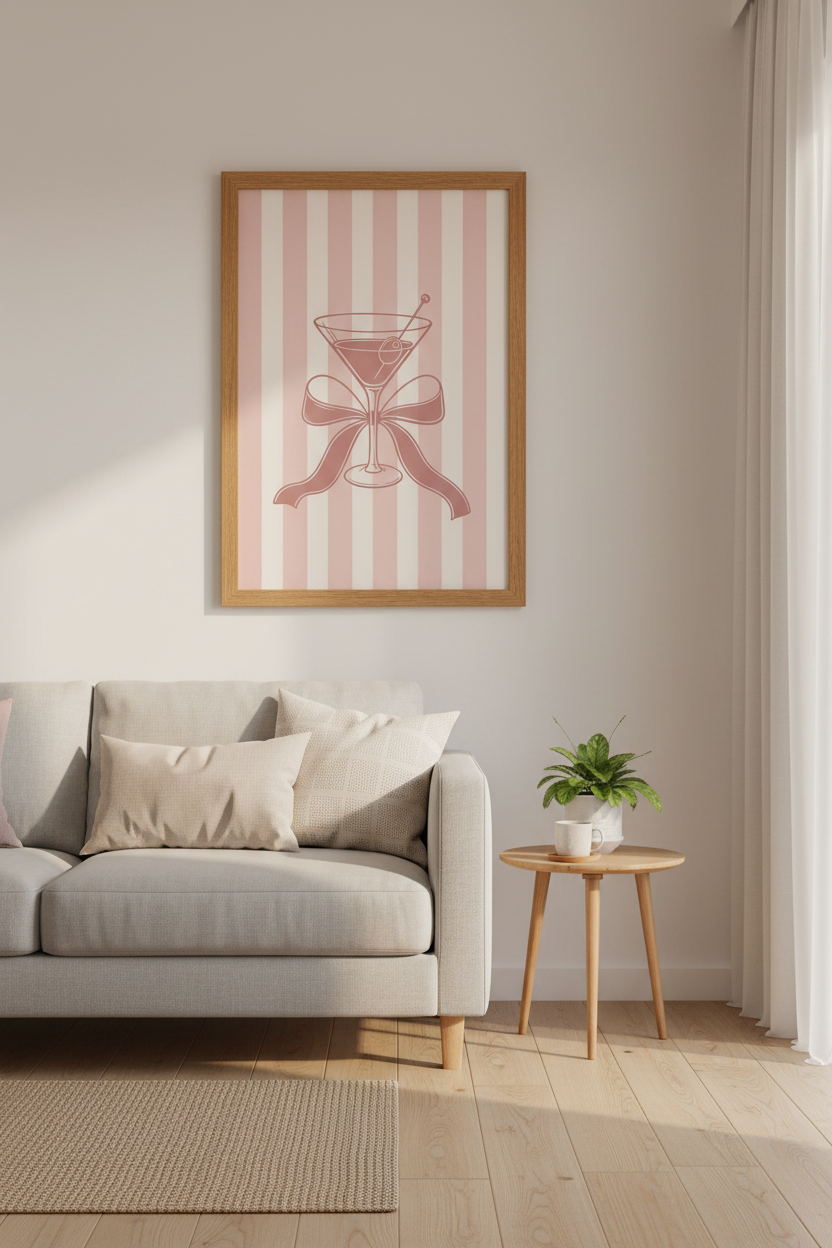 Pink Martini Coquette Wall Art | Bow Cocktail Poster, Kitchen & Bar Cart Decor