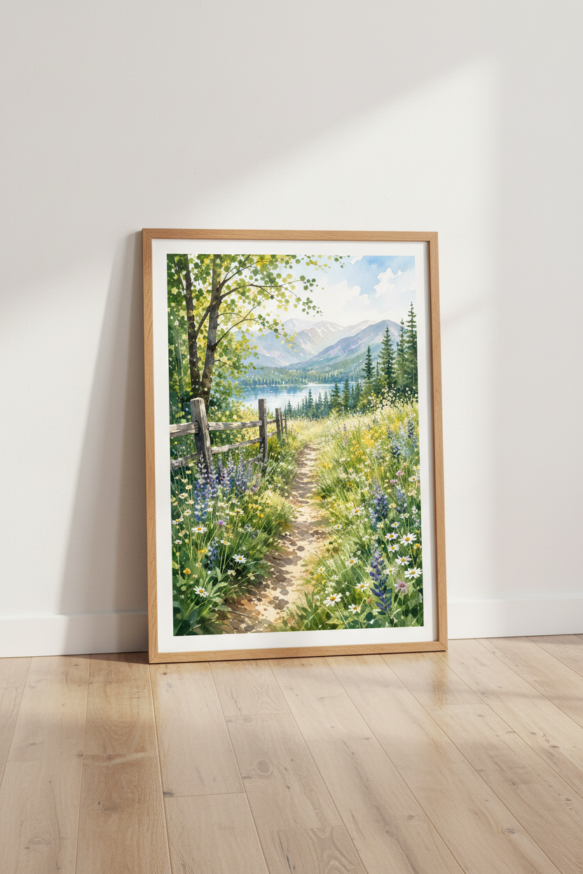 Mountain Wildflower Landscape Art | Watercolor Meadow Poster, Farmhouse Room Decor