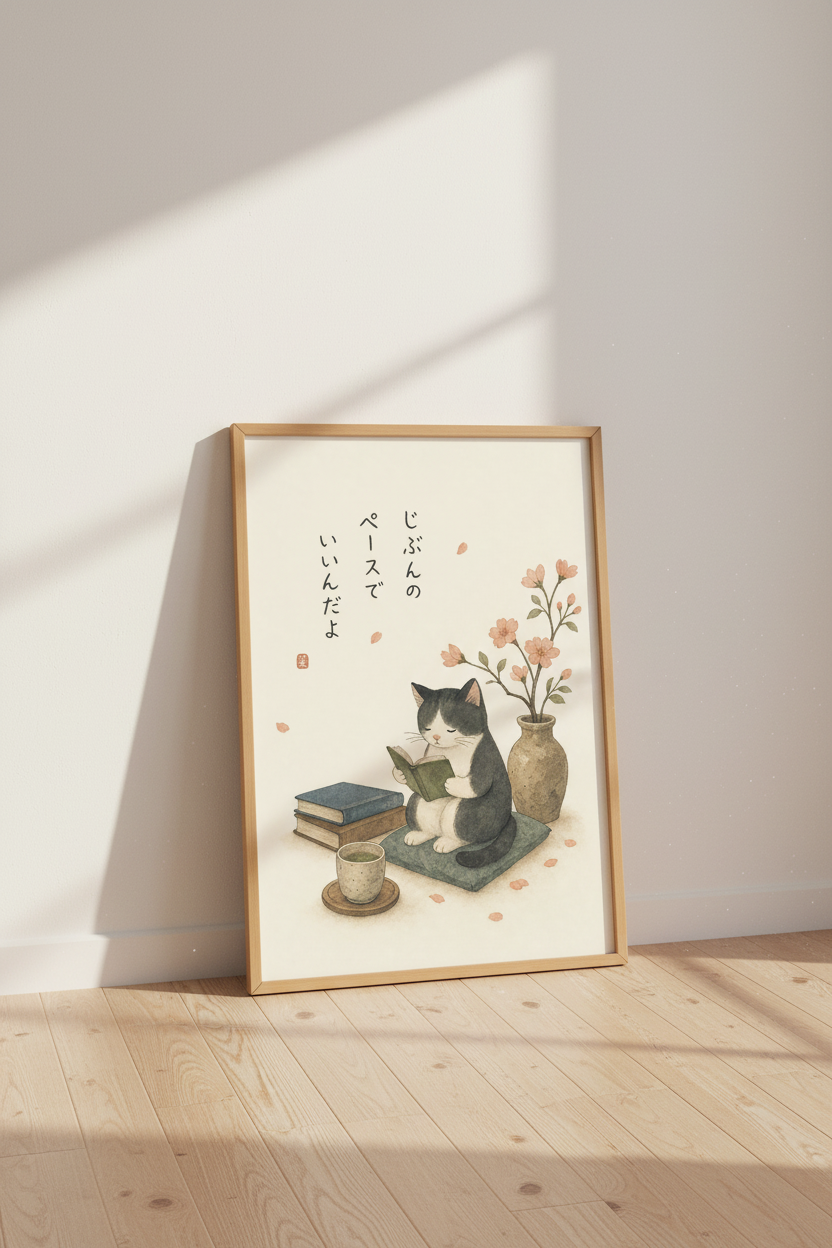 Japanese Reading Cat Wall Art Print | Zen Library Decor | Watercolor Tuxedo Cat Poster