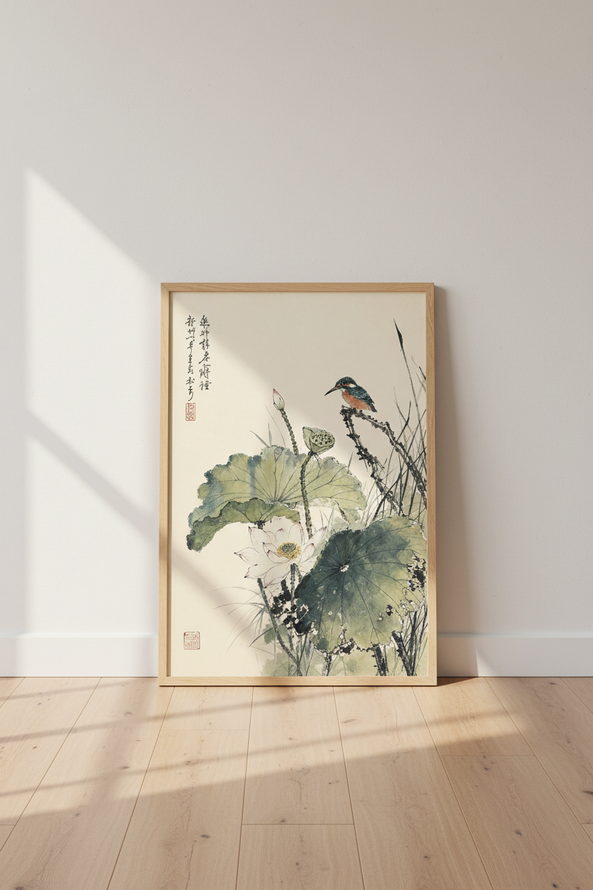 Kingfisher & Lotus | Japanese Style Nature Ink Print, Zen Bedroom Wall Art