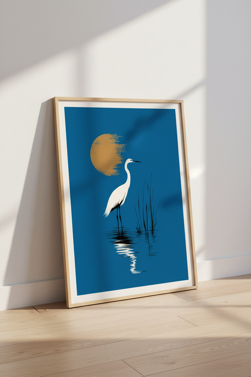White Egret Wall Art | Minimalist Blue & Gold Bird Poster | Modern Home Decor