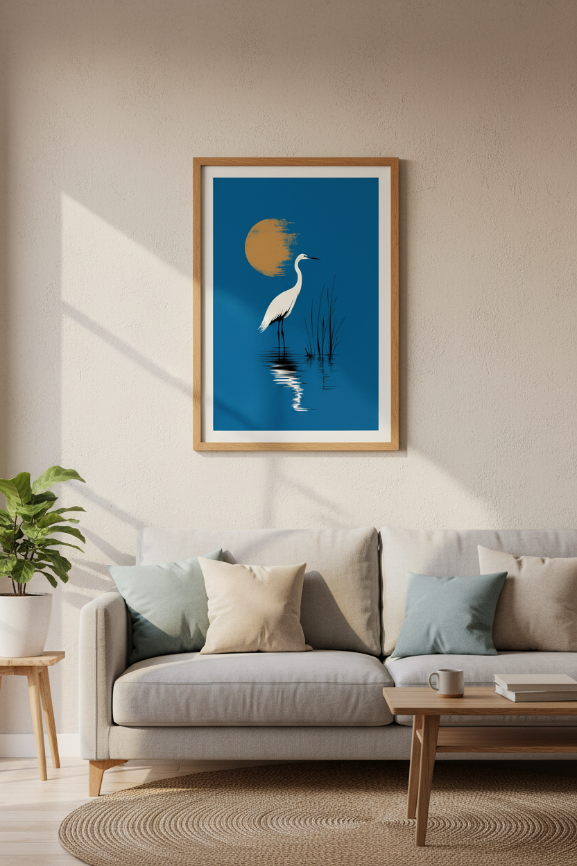 White Egret Wall Art | Minimalist Blue & Gold Bird Poster | Modern Home Decor