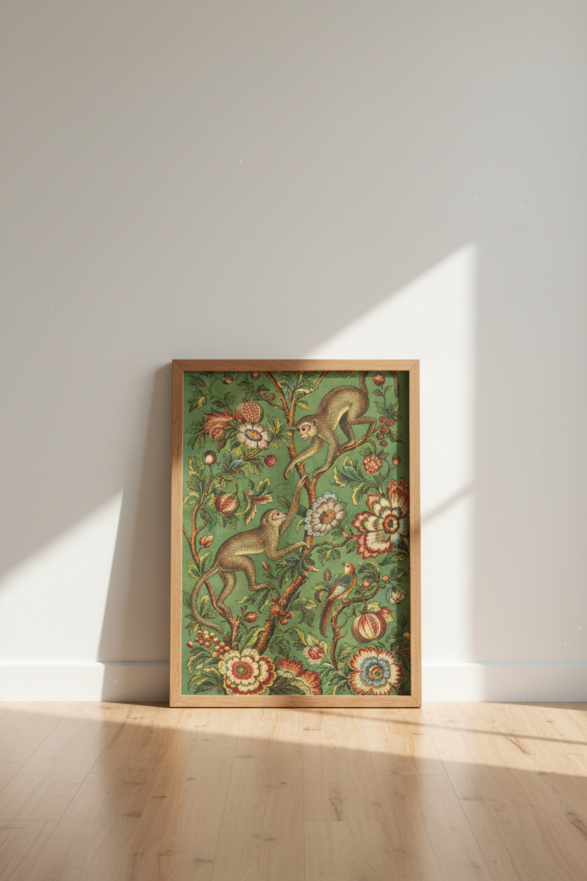 Vintage Monkey & Floral Mural | Sage Green Botanical Art, Chinoiserie Jungle Poster