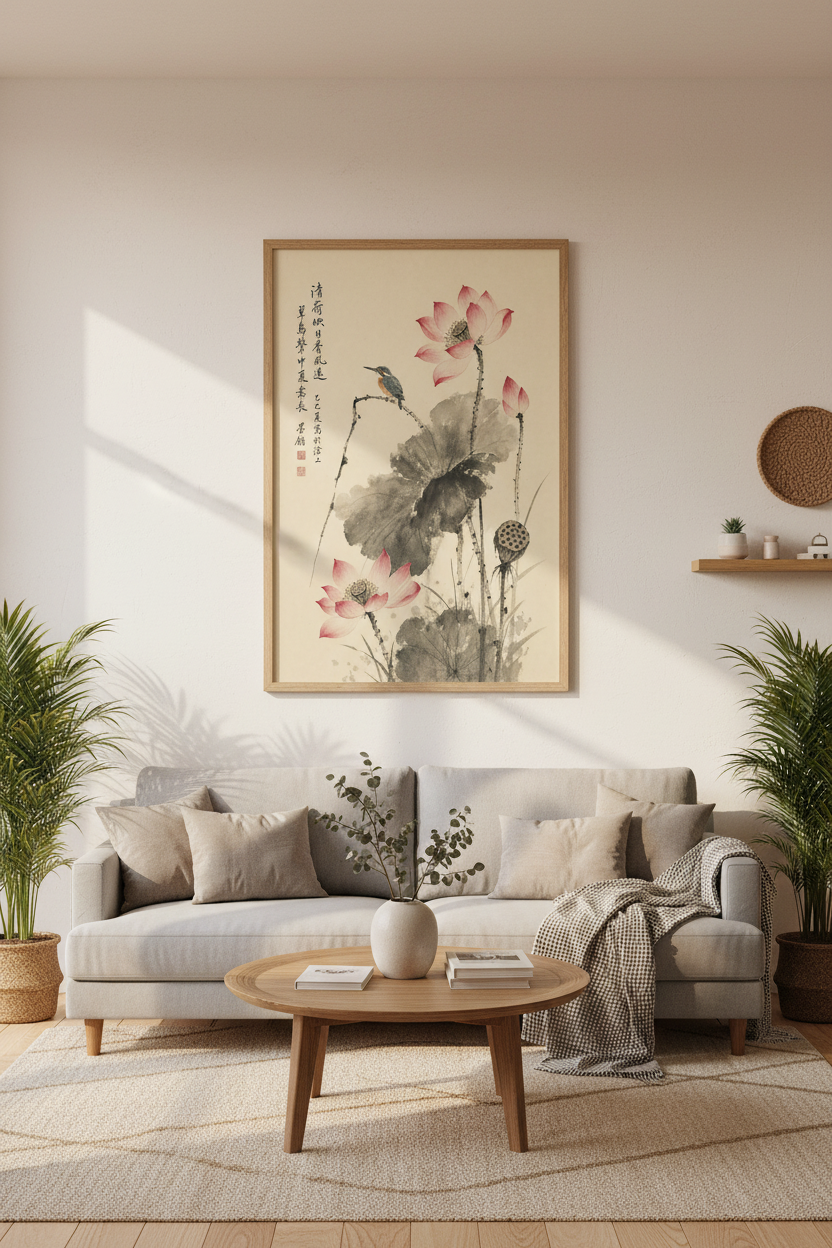 Lotus & Kingfisher | Japanese Ink Style Pink Floral, Zen Home Decor Art