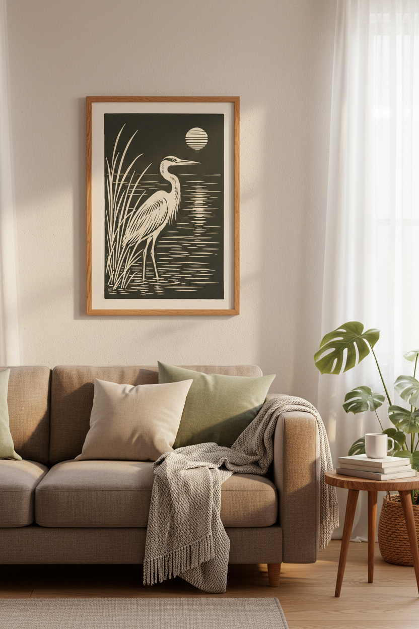 Heron Woodcut Wall Art | Black & Cream Coastal Decor | Minimalist Bird Poster