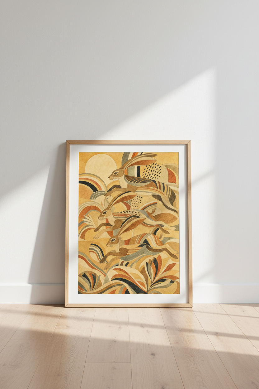 Folk Art Leaping Hares Wall Art | Earth Tone Woodland Print | Boho Nursery Decor