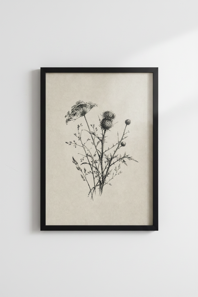 Vintage Thistle Botanical Sketch | Wildflower Neutral Poster | Farmhouse Wall Art