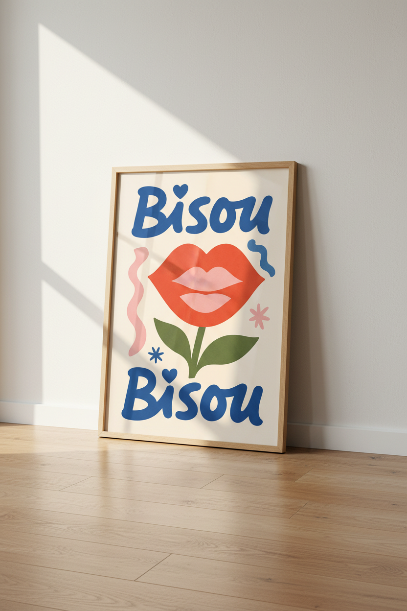 Bisou Bisou French Typography Art | Red Lips Flower Poster, Eclectic Modern Decor
