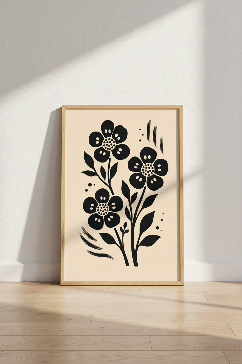 Minimalist Floral Wall Art | Black Botanical Print, Neutral Modern Home Decor