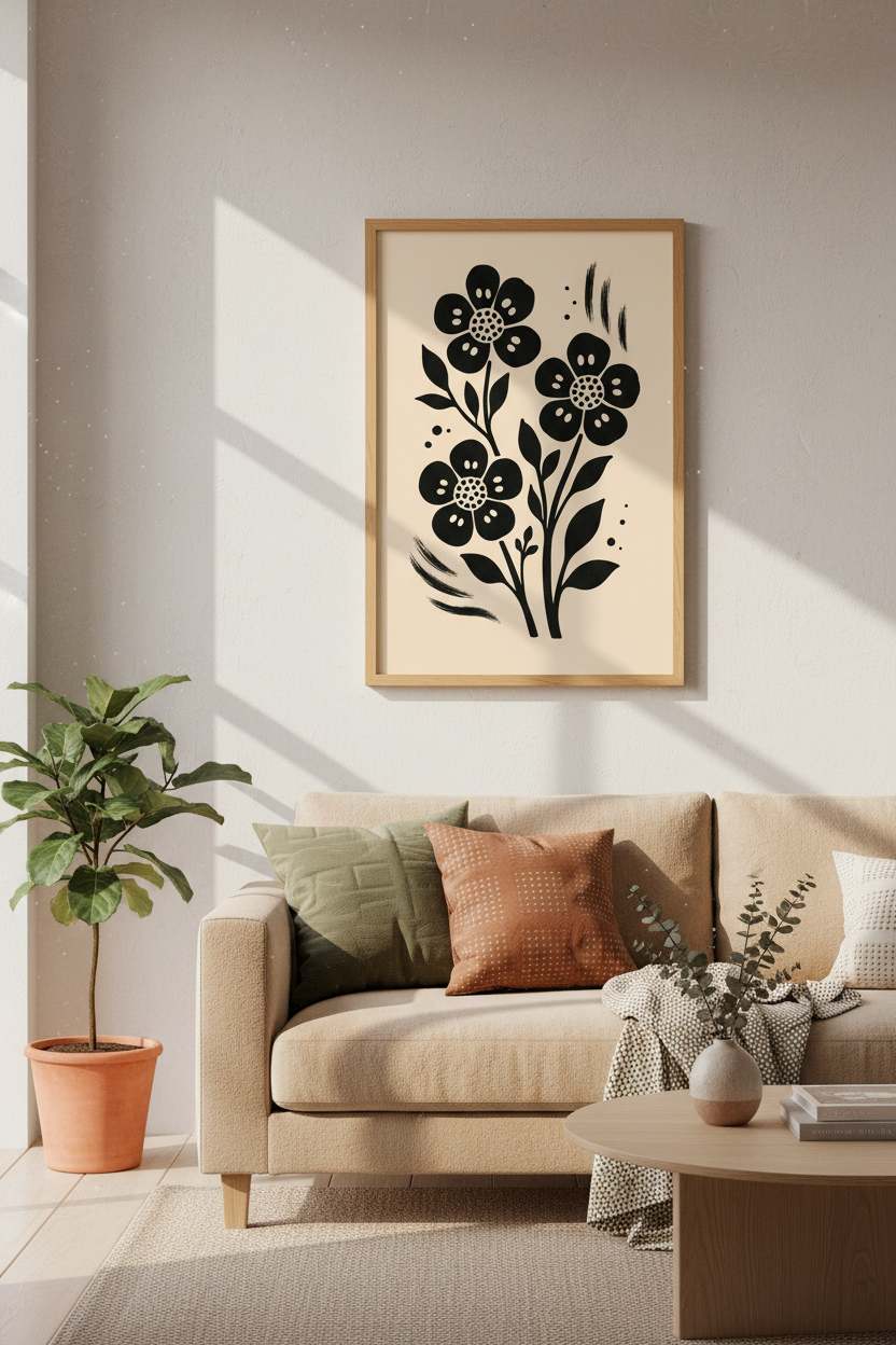 Minimalist Floral Wall Art | Black Botanical Print, Neutral Modern Home Decor