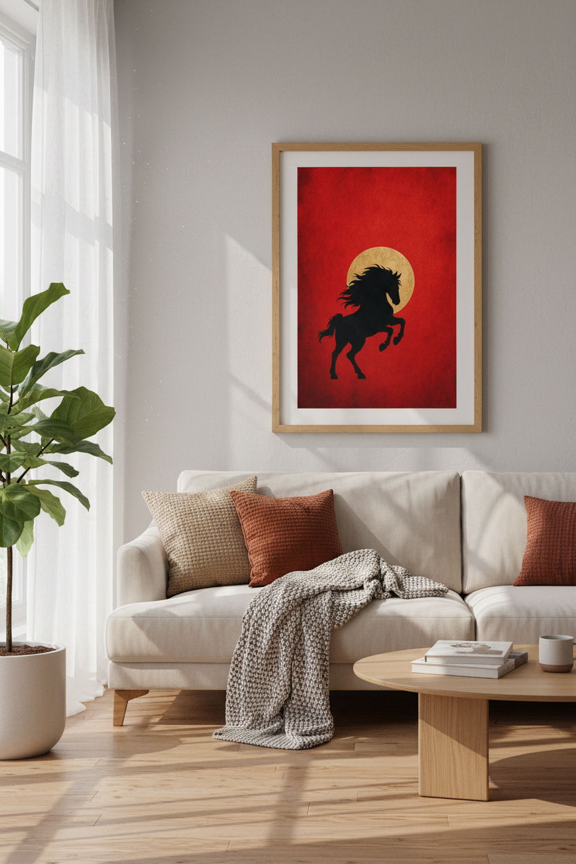 Black Horse Silhouette Wall Art Print | Modern Red & Gold Decor | Minimalist Poster