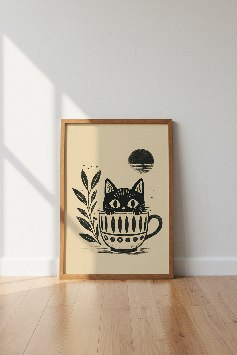 Cat in Teacup Wall Art | Black & Beige Linocut Style, Boho Kitchen Poster