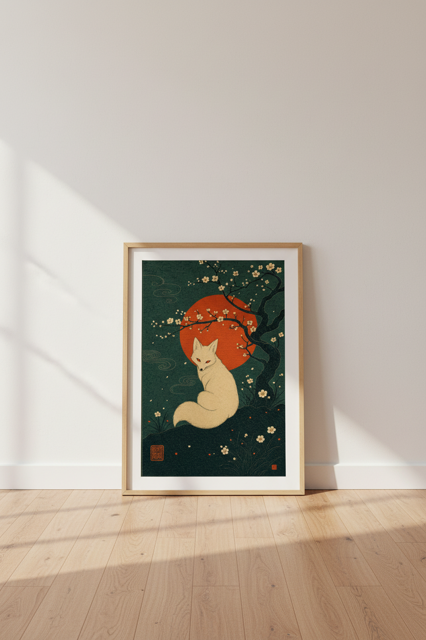 Japanese Fox Wall Art | Red Sun Kitsune Poster, Zen Home Decor Print