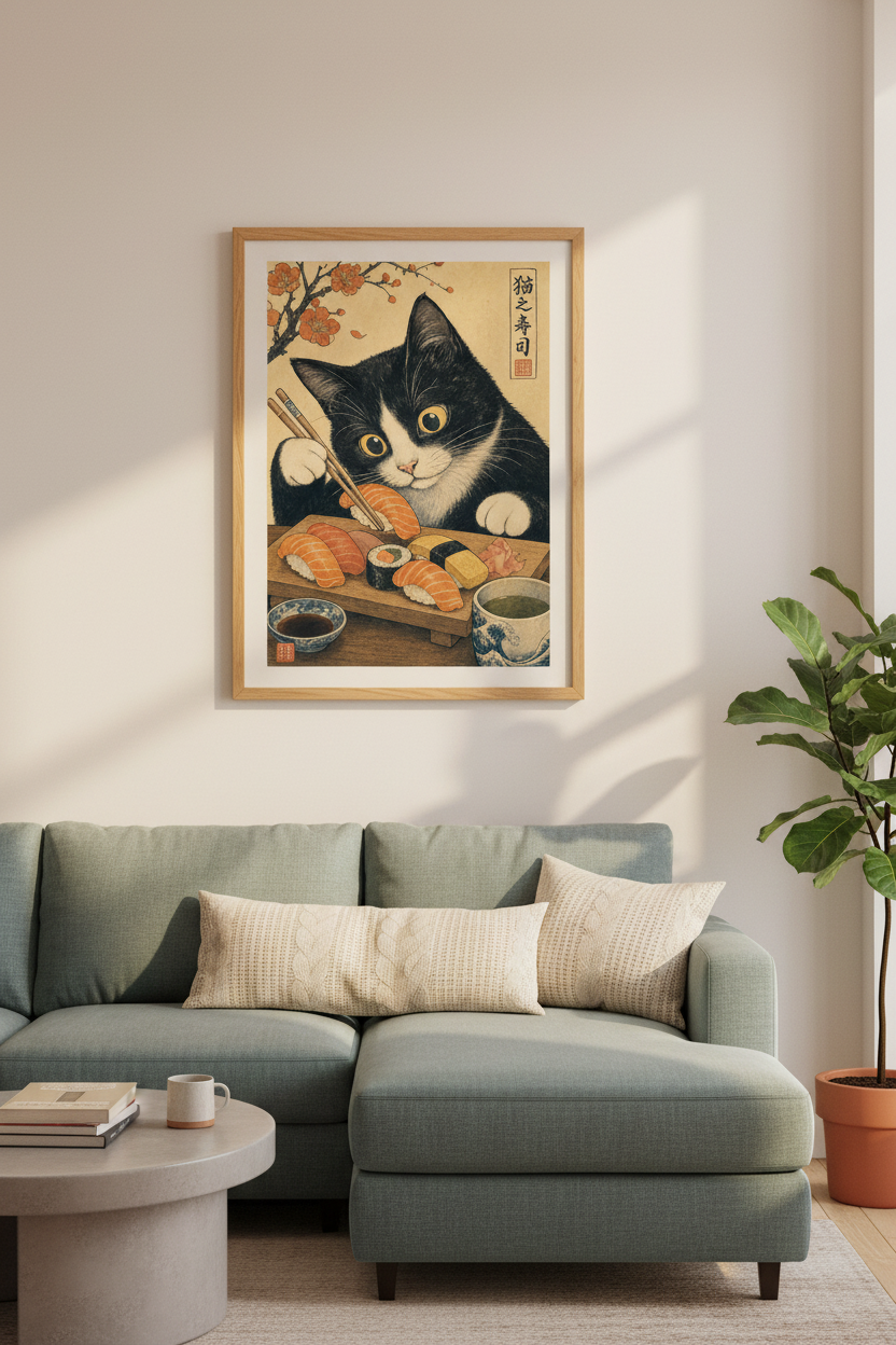 Japanese Cat Sushi Wall Art | Ukiyo-e Style Tuxedo Cat Poster | Kitchen Decor