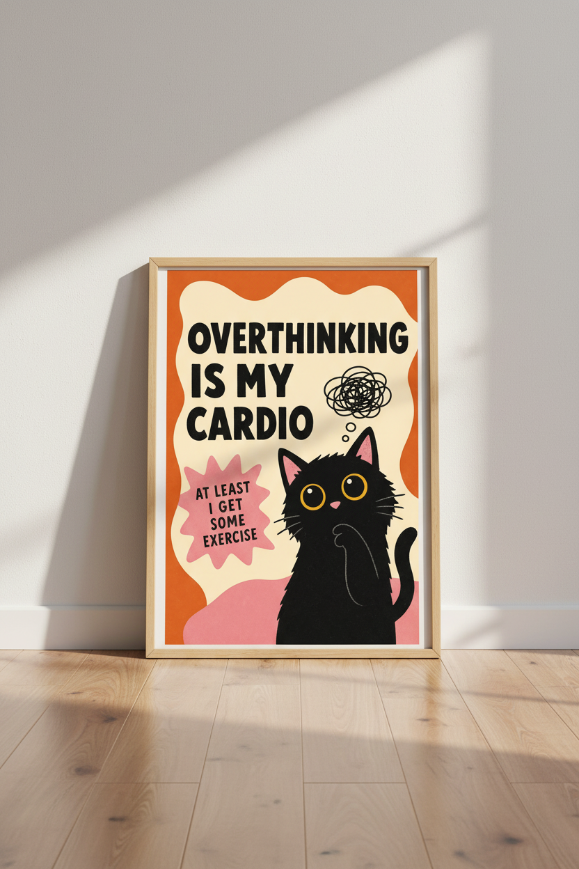 Funny Cat Wall Art | Overthinking Poster, Retro Black Cat Print for Office Decor