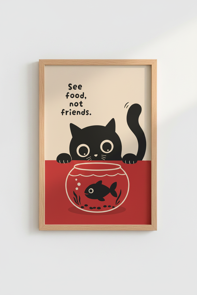 Funny Cat Wall Art Print | Minimalist Kitchen Decor | Black Cat Poster
