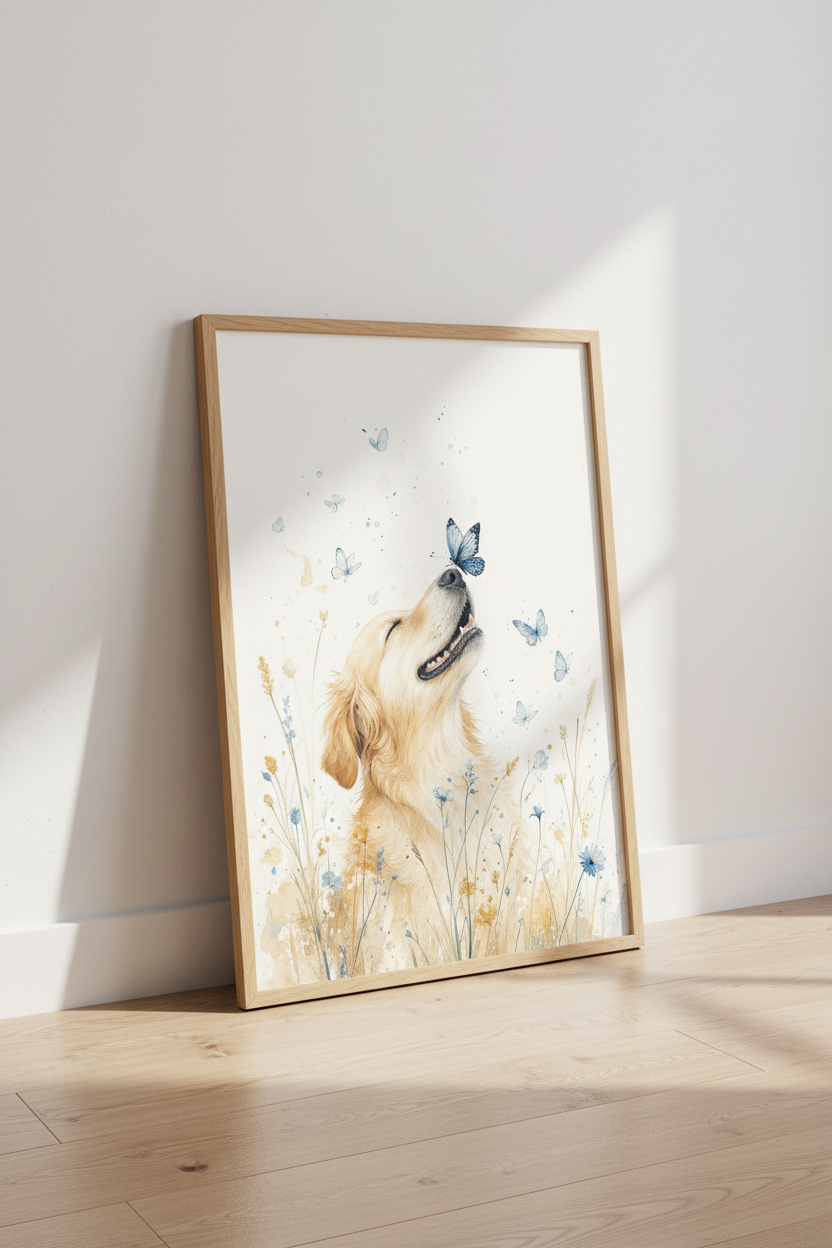 Golden Retriever & Butterfly Art | Watercolor Dog Print | Nursery Nature Decor