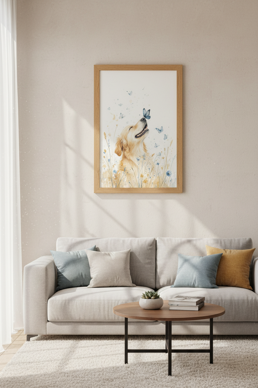 Golden Retriever & Butterfly Art | Watercolor Dog Print | Nursery Nature Decor