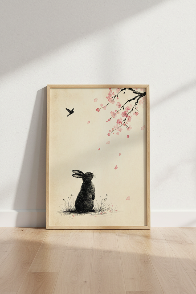Black Rabbit & Cherry Blossom Wall Art print | Zen Nursery Decor | Japanese Ink Poster