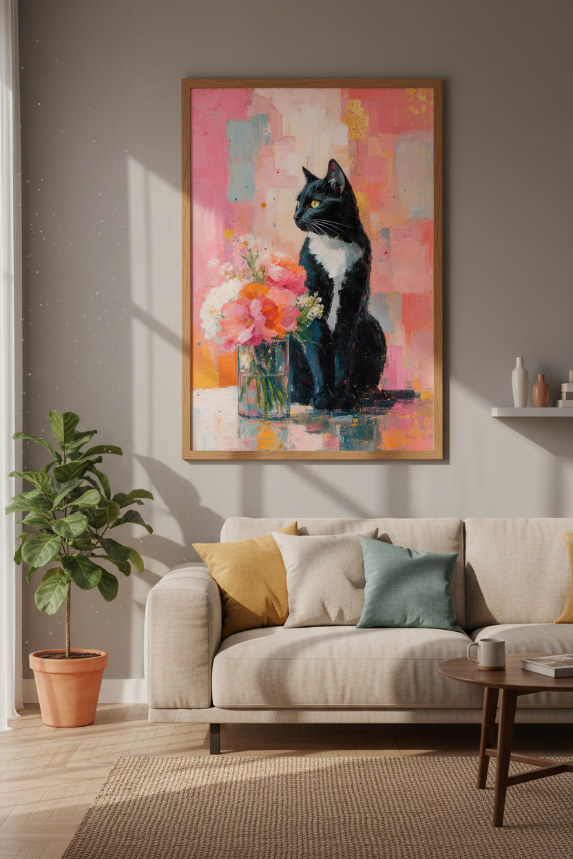 Black Cat & Flowers Oil Painting Print | Pink Floral Wall Art | Colorful Aesthetic Poster