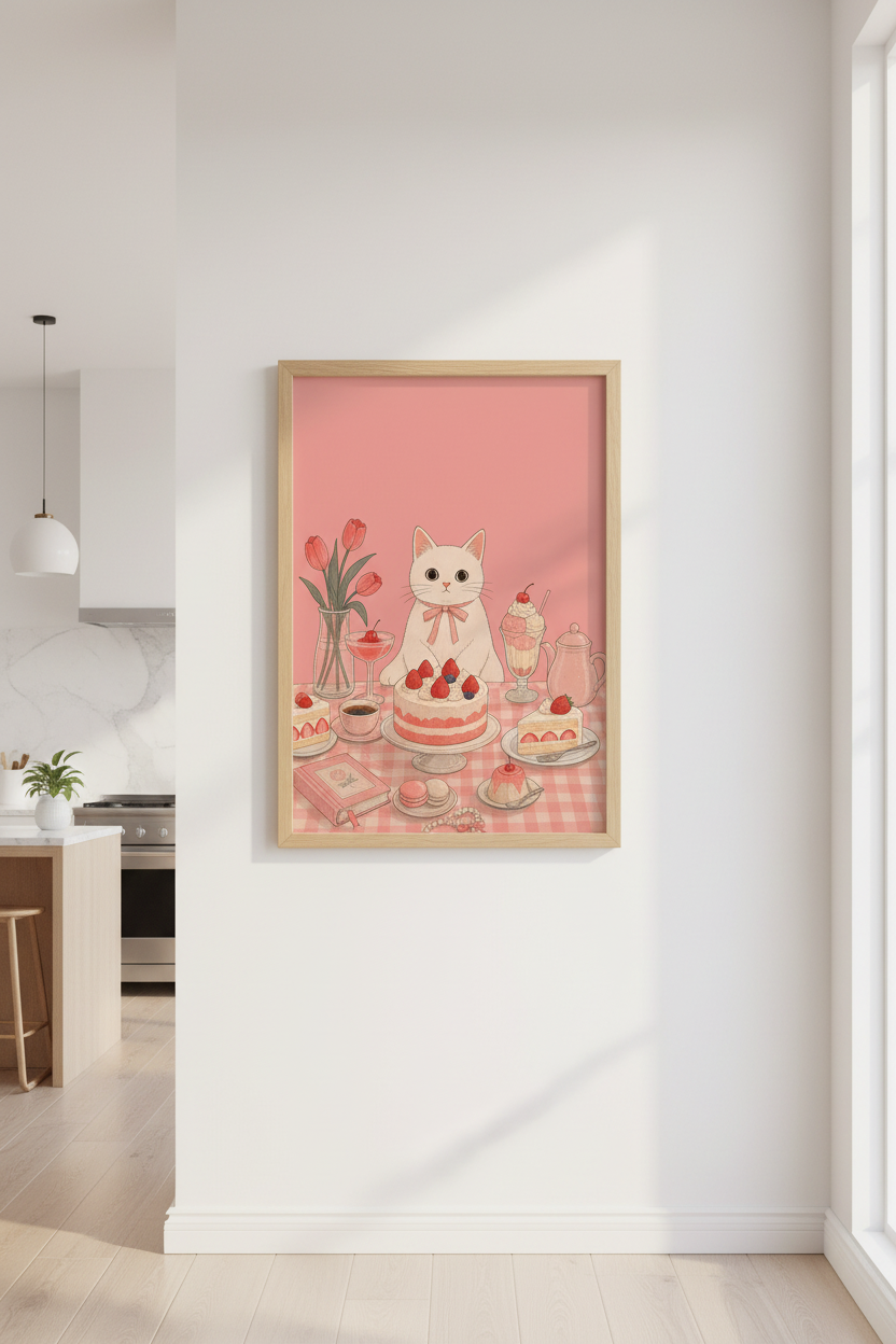 Coquette Cat Wall Art Print | Pink Aesthetic Room Decor | Cute Kawaii Cat Poster