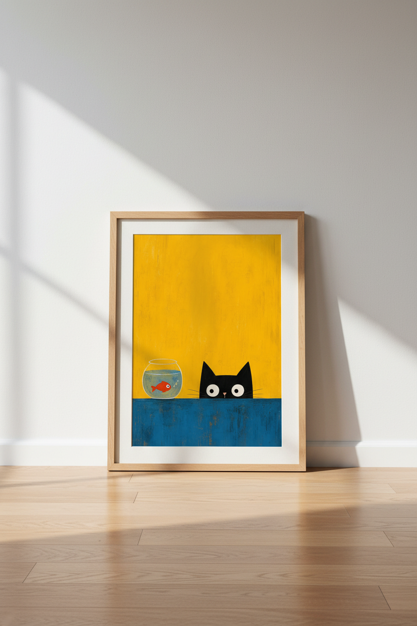 Black Cat Wall Art Print | Mid Century Modern Peeking Cat Poster, Yellow Nursery Decor