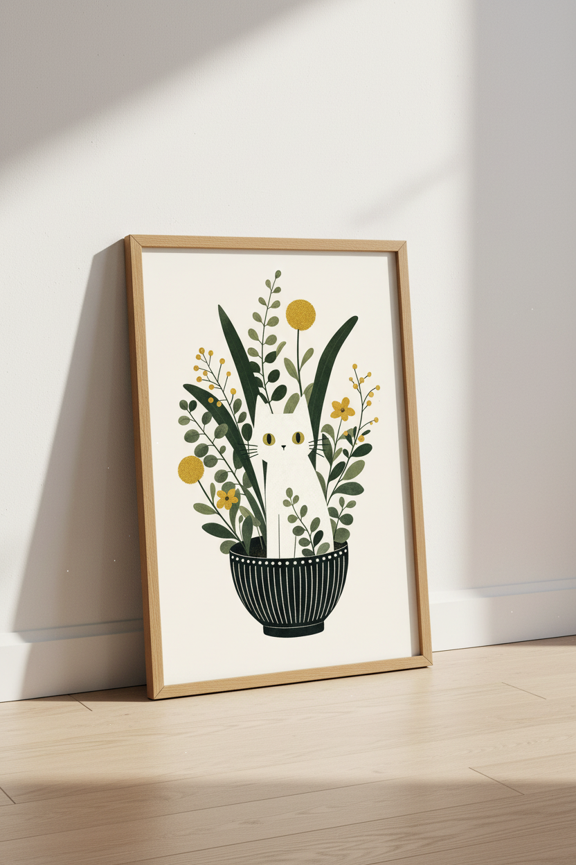 White Cat in Flowers Pet Art | Botanical Folk Style, Living Room Wall Decor
