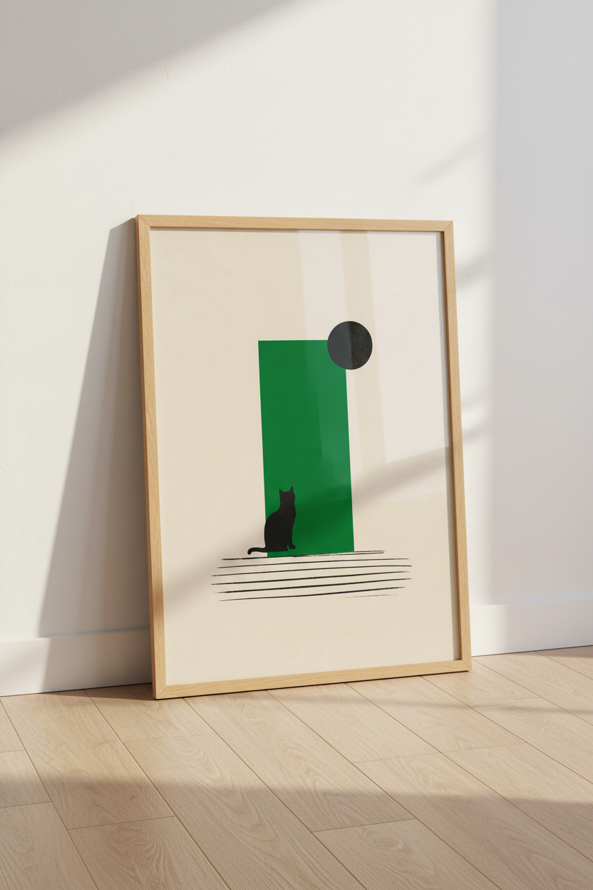 Minimalist Black Cat Wall Art | Green Geometric Poster, Mid Century Modern Decor
