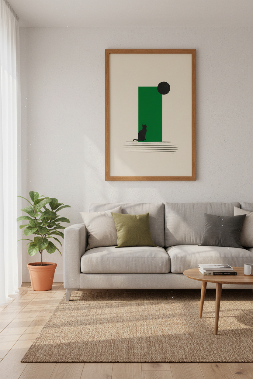 Minimalist Black Cat Wall Art | Green Geometric Poster, Mid Century Modern Decor
