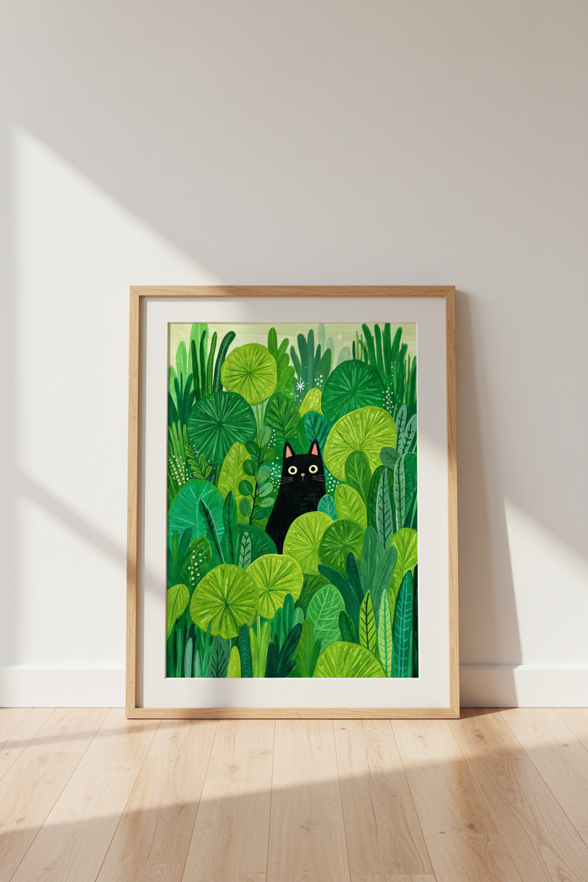 Black Cat Jungle Wall Art | Green Botanical Leaf Print | Whimsical Nursery Decor