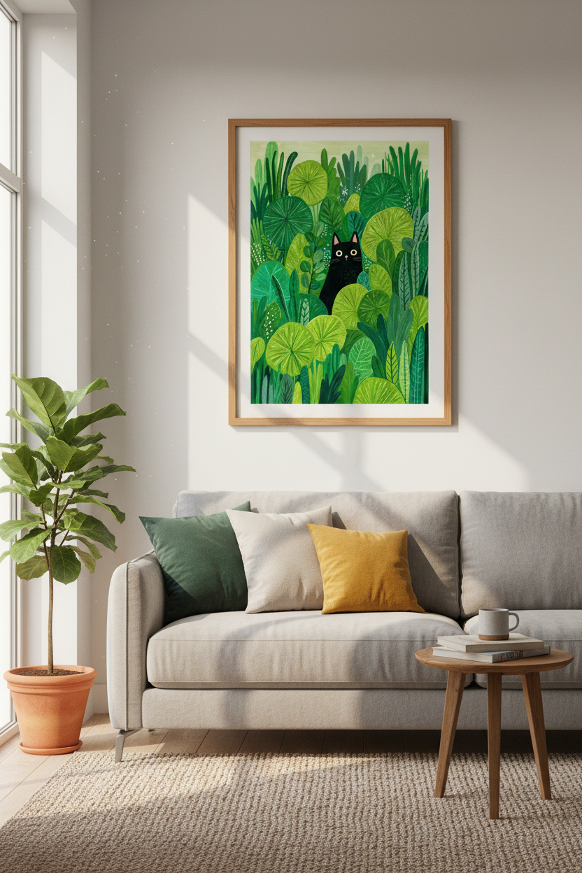 Black Cat Jungle Wall Art | Green Botanical Leaf Print | Whimsical Nursery Decor