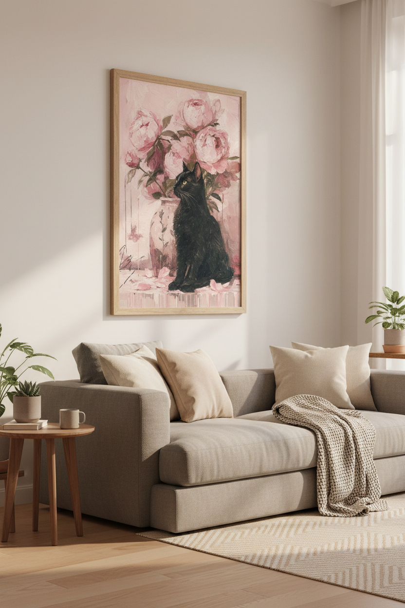 Black Cat Peonies Wall Art Print | Pink Floral Bedroom Decor | Impasto Poster