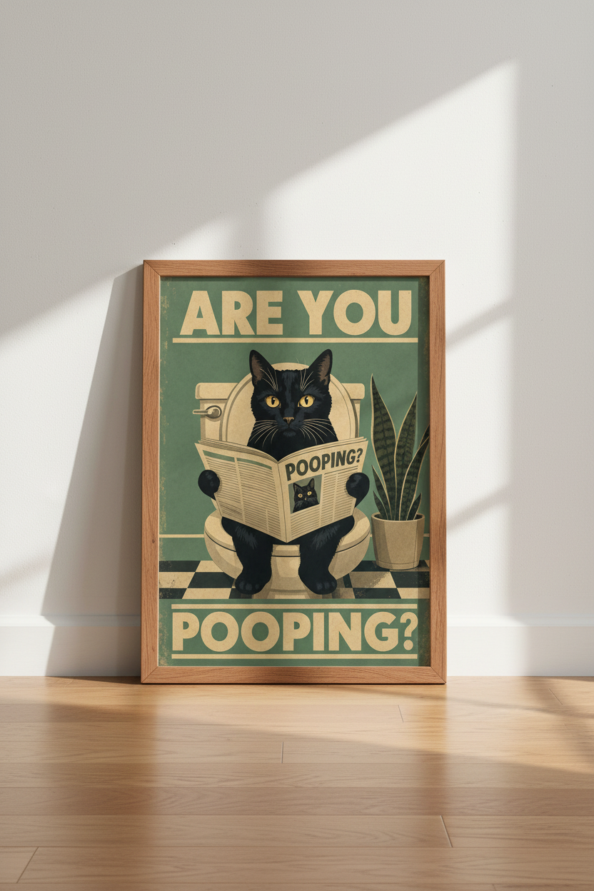 Funny Black Cat Bathroom Wall Art | Retro Sage Green Poster, Humor Home Decor