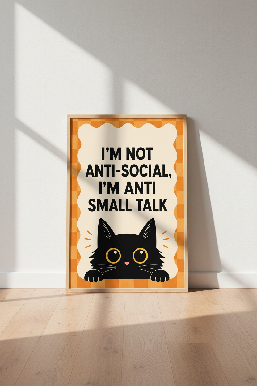 Retro Cat Wall Art Print | Funny Introvert Decor | Orange Checkered Poster